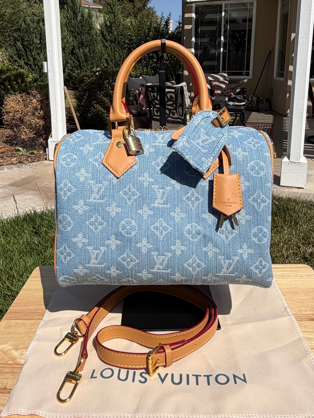 NEW Source Unknown Speedy Denim Monogram Satchel HandBag Blue Tan Gold Lock Key